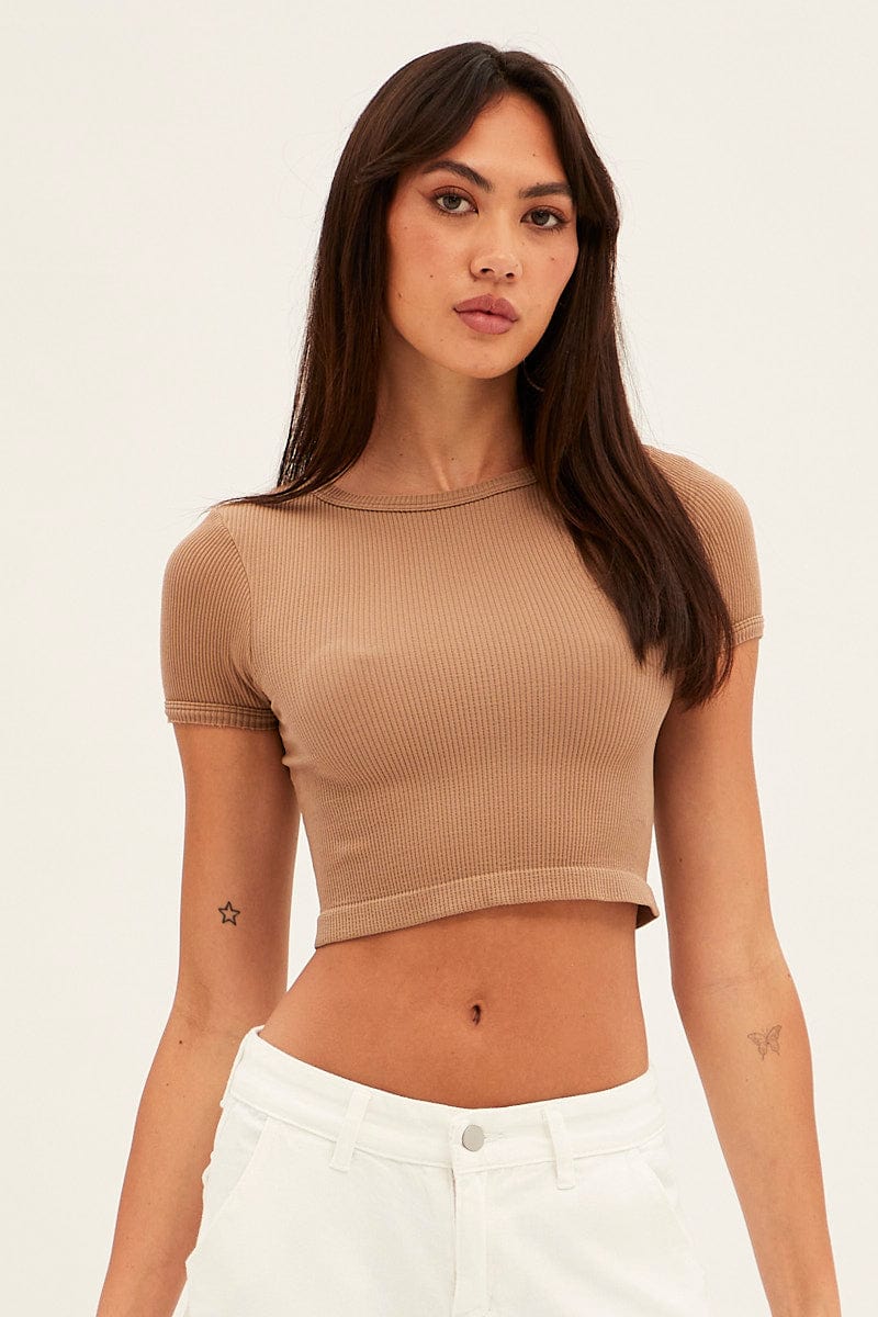 Brown T-Shirt Short Sleeve Crew Neck Seamless - Image 3