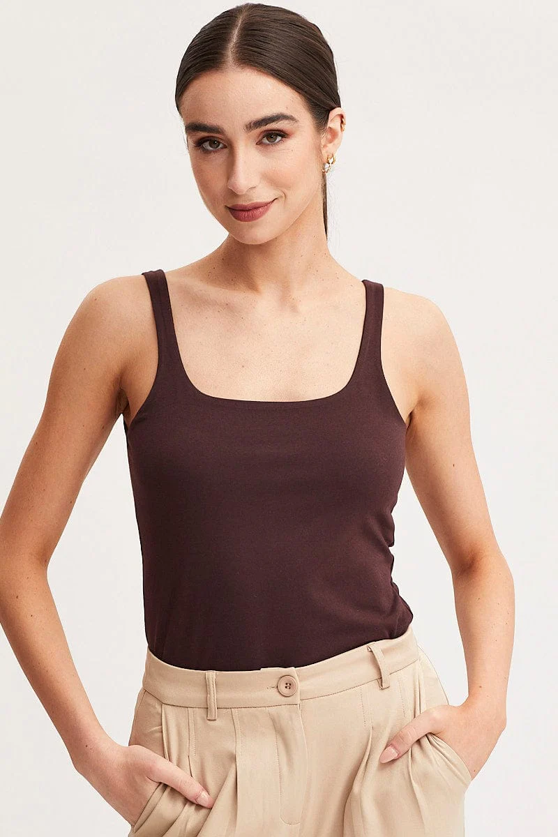 Brown Tank Top Sleeveless Square Neck Cotton - Image 3