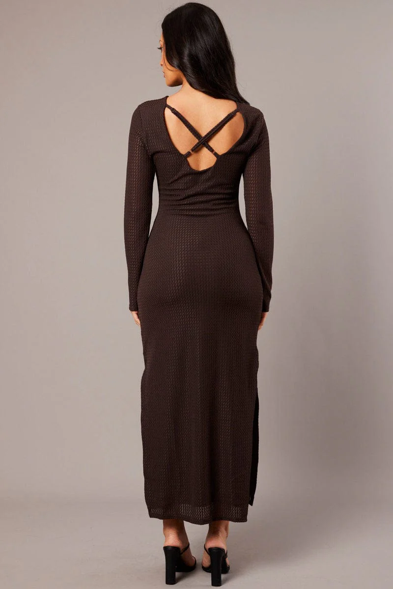 Brown Textured Dress Long Sleeve - Image 5