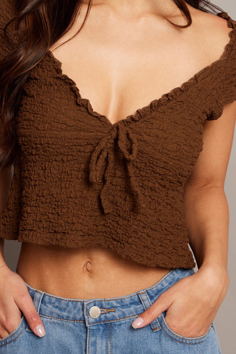 Brown Textured Top Crop Short Sleeve - Image 6
