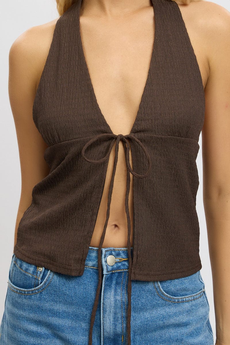 Brown Textured Top Halter Neck Tie Up Front - Image 6