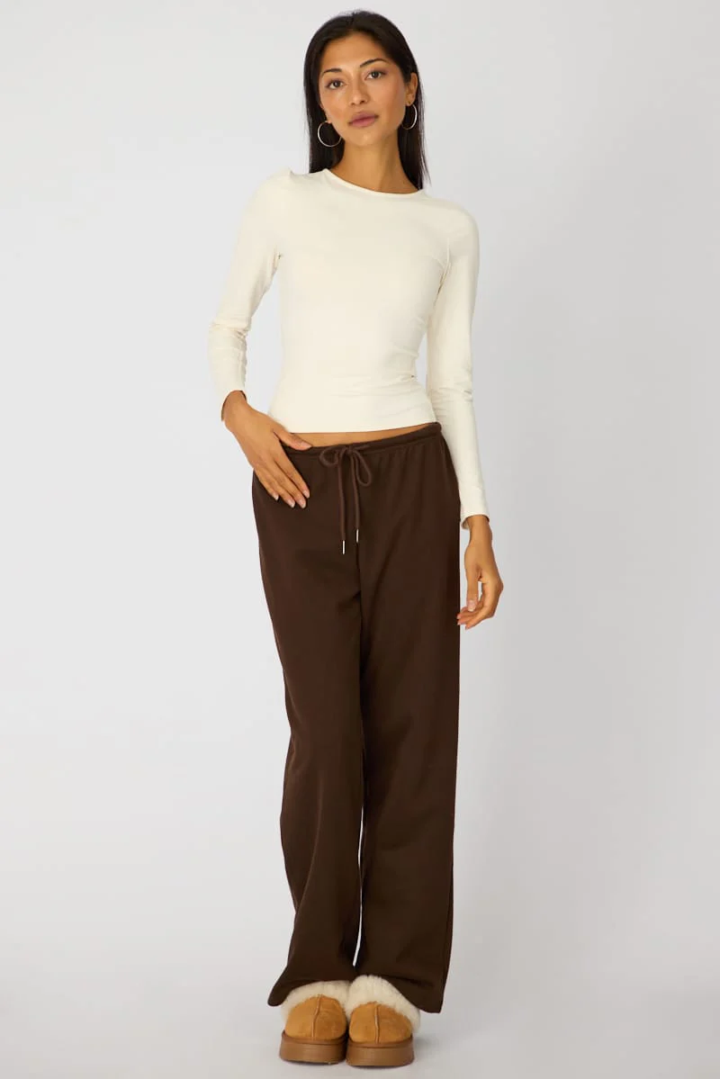Brown Tie Waist Wide Leg Sweat Pants - Image 3