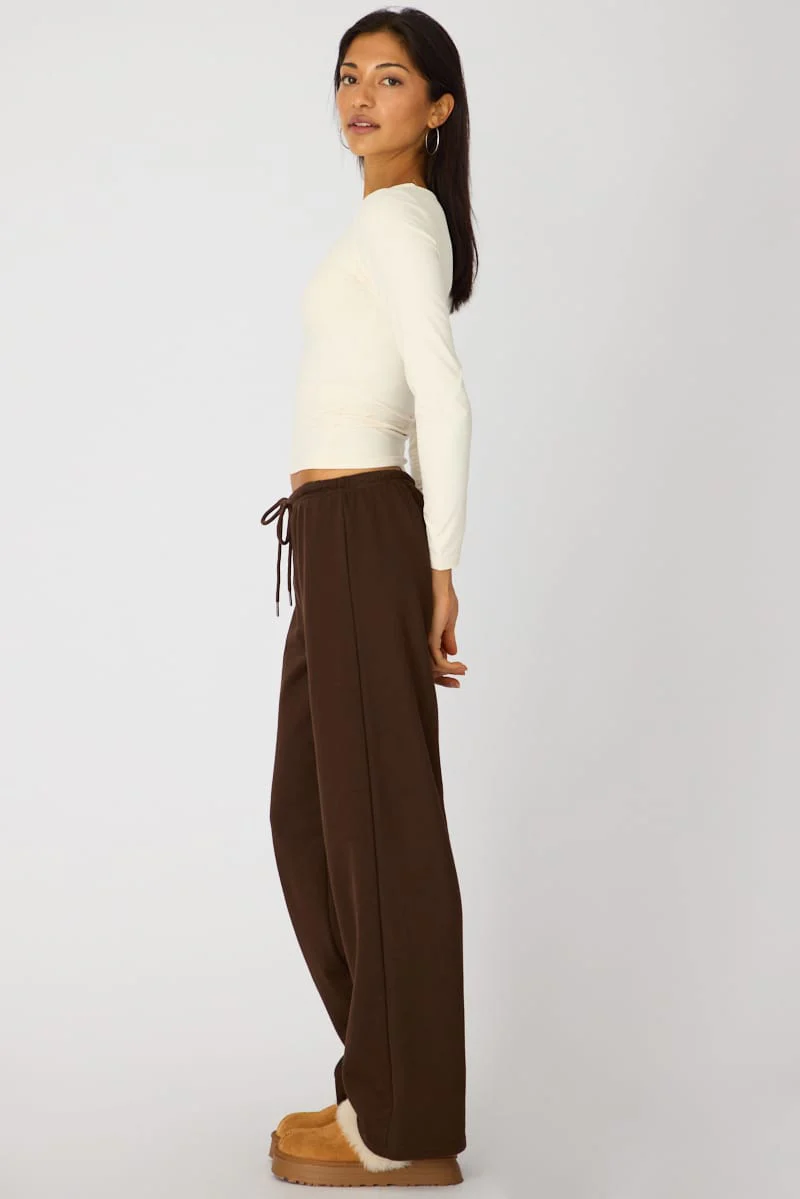 Brown Tie Waist Wide Leg Sweat Pants - Image 4