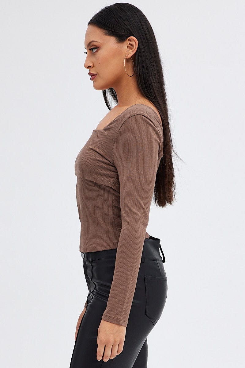 Brown Top One Shoulder Long Sleeve Rib - Image 4