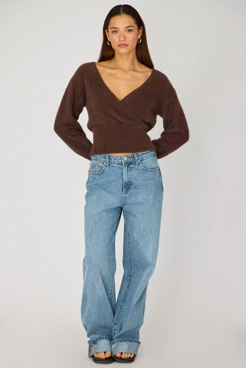 Brown V-neck Wrap Knit Long Sleeve - Image 2