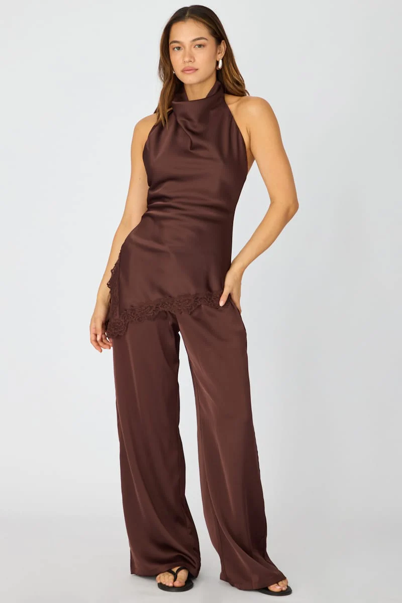 Brown Wide Leg Pants Elasticated Waist Satin - Image 3