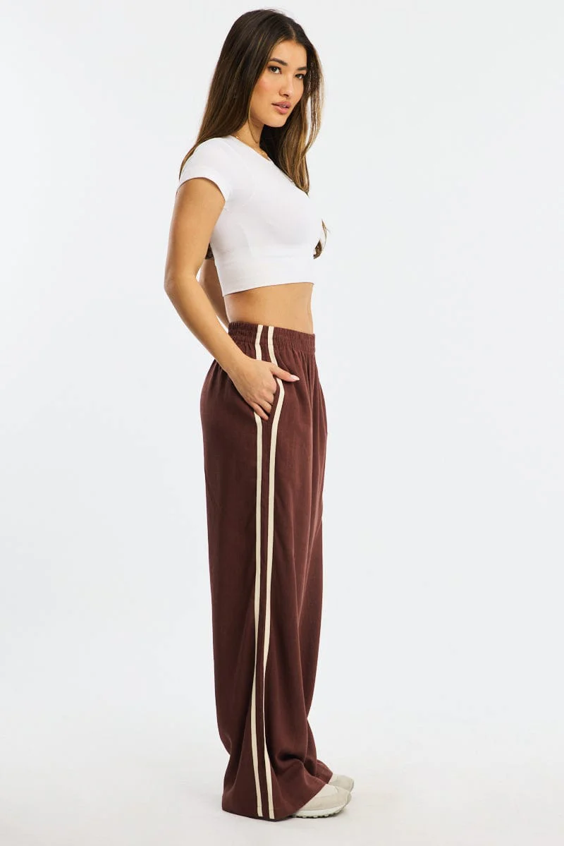 Brown Wide Leg Pants Side Stripe - Image 3