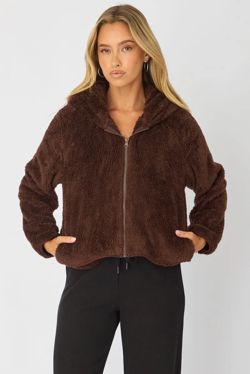 Brown Zip-up Hoodie Ultra Soft Teddy Fleece - Image 3