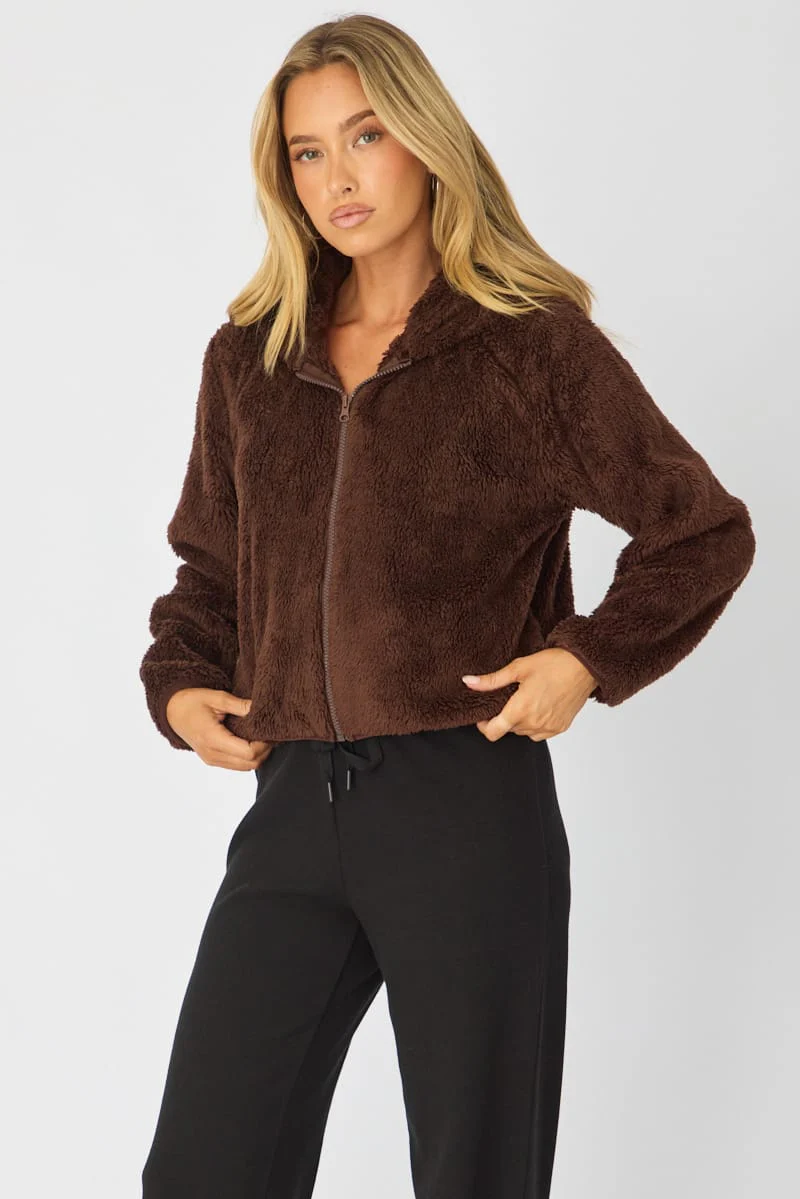 Brown Zip-up Hoodie Ultra Soft Teddy Fleece - Image 4