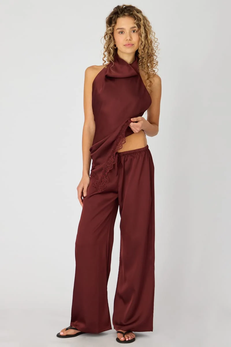 Burgundy Wide Leg Pants Elasticated Waist Satin