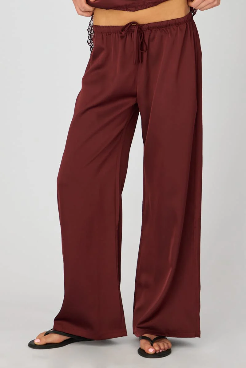 Burgundy Wide Leg Pants Elasticated Waist Satin - Image 2