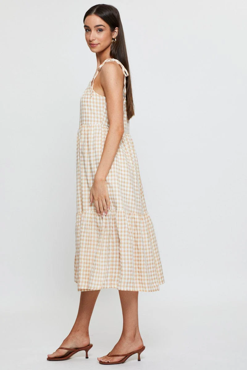 Check Midi Dress Sleeveless Tie Shoulder - Image 4