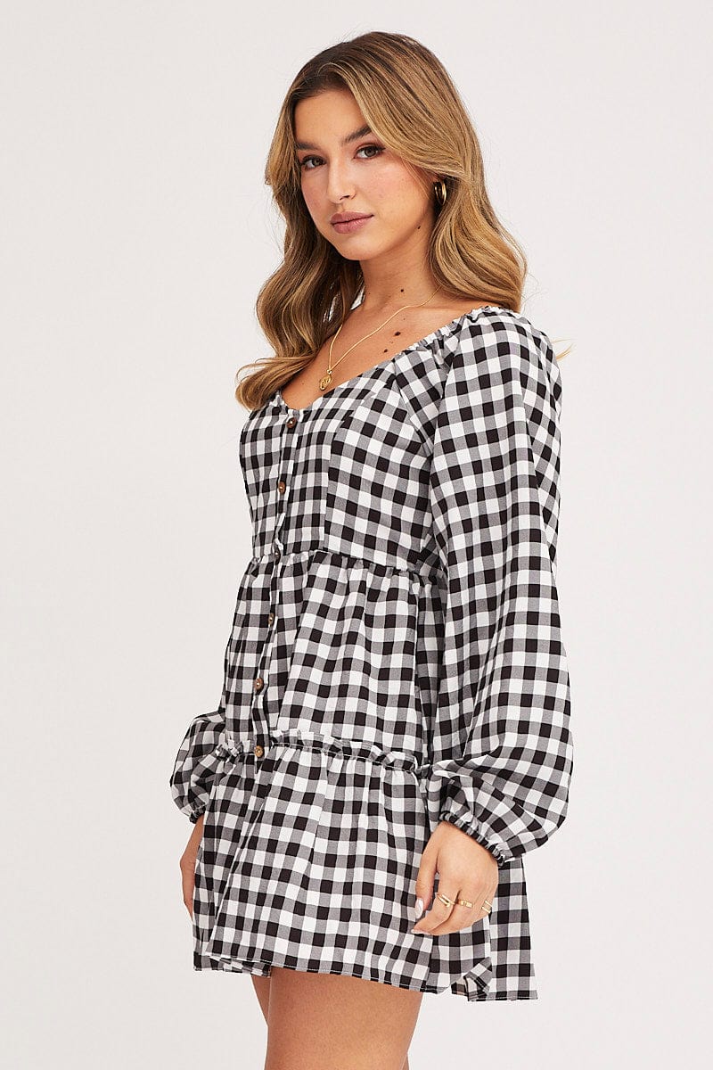 Check Skater Dress Long Sleeve Mini - Image 4