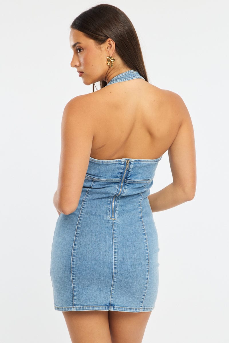 Denim Bodycon Dress Halter Neck Mini - Image 5