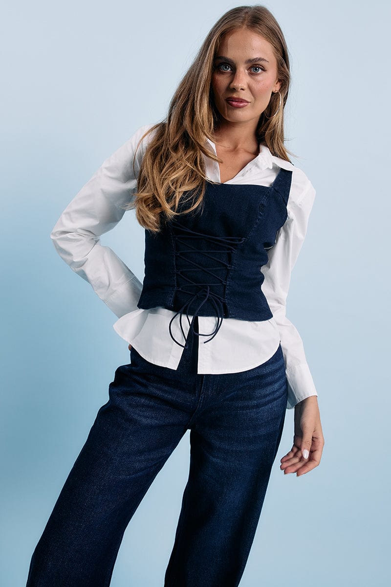 Denim Corset Sleeveless Sweetheart Neck Lace Up