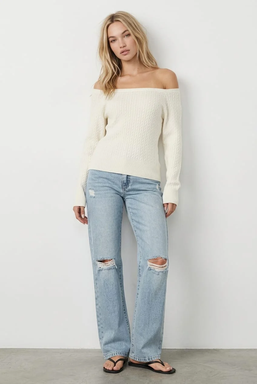 Denim Distressed Straight Jeans Light Wash