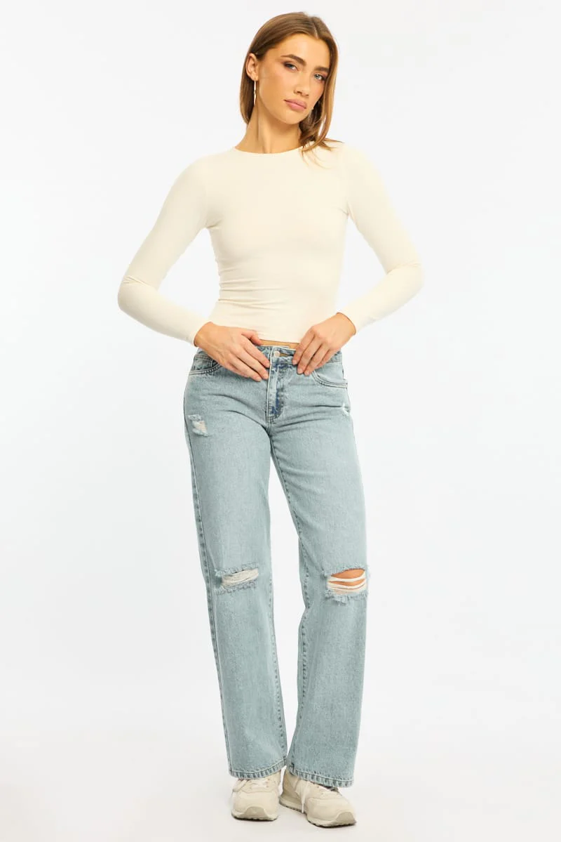 Denim Distressed Straight Jeans Light Wash - Image 2