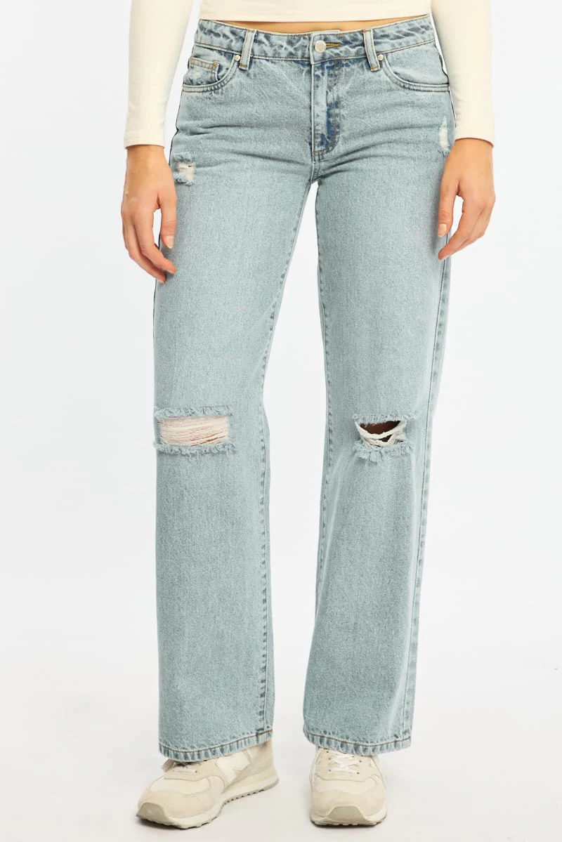 Denim Distressed Straight Jeans Light Wash - Image 3