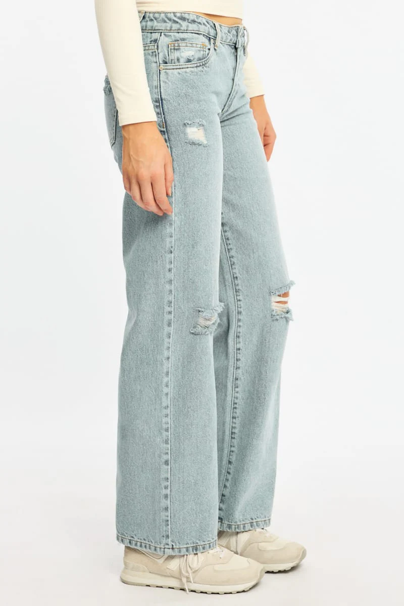 Denim Distressed Straight Jeans Light Wash - Image 4