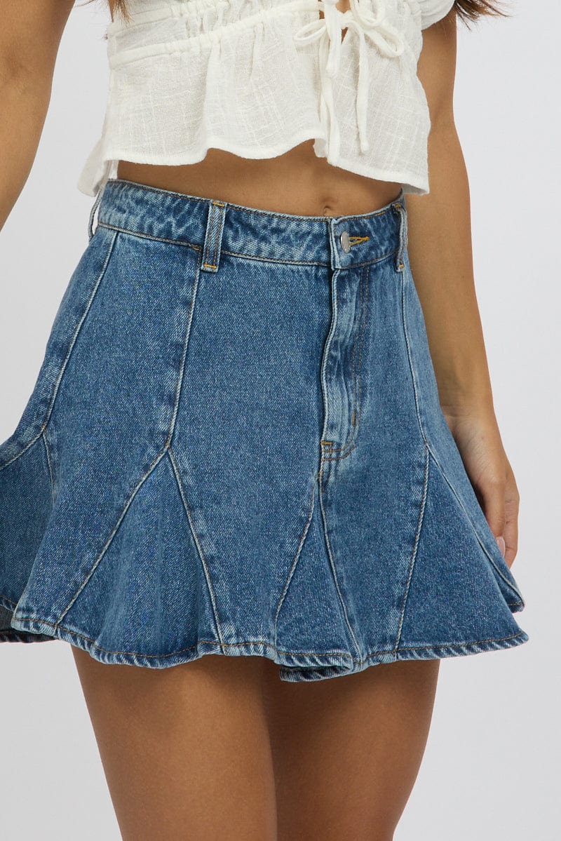 Denim Godet Mini Skirt High Rise - Image 6