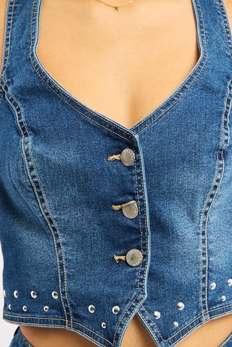 Denim Halter Top Sleeveless V-neck Denim Studded - Image 6