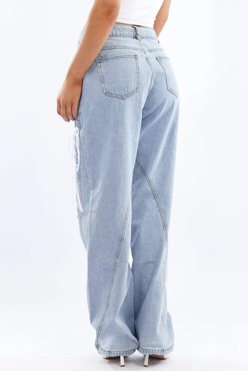 Denim Lace Up Wide Leg Jeans - Image 5