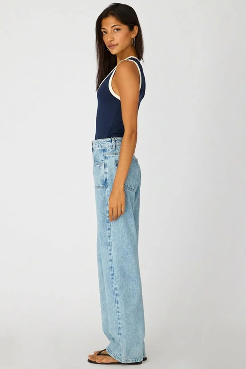 Denim Light Wash Wide Leg Jean Front Pocket Detail - Image 4