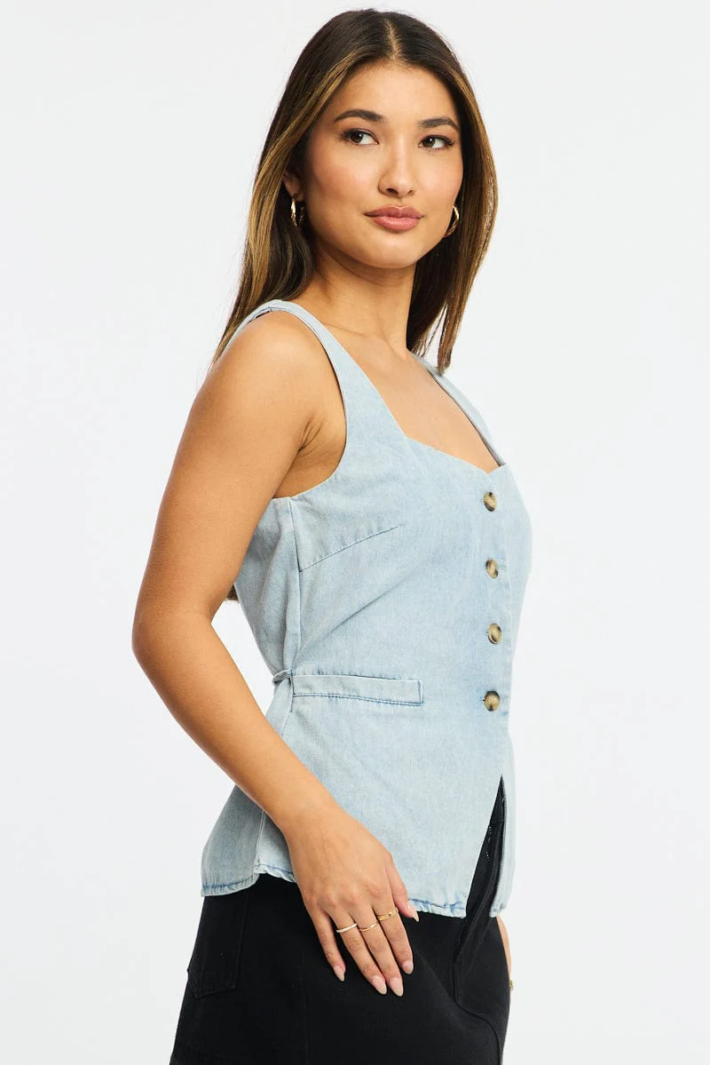 Denim Longline Vest Top Sleeveless Square Neck - Image 3