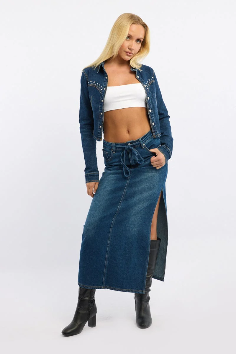 Denim Maxi Skirt Mid Rise Side Split - Image 3