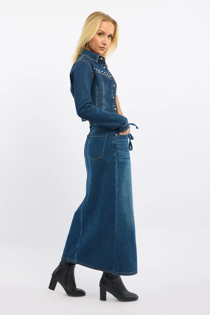 Denim Maxi Skirt Mid Rise Side Split - Image 4