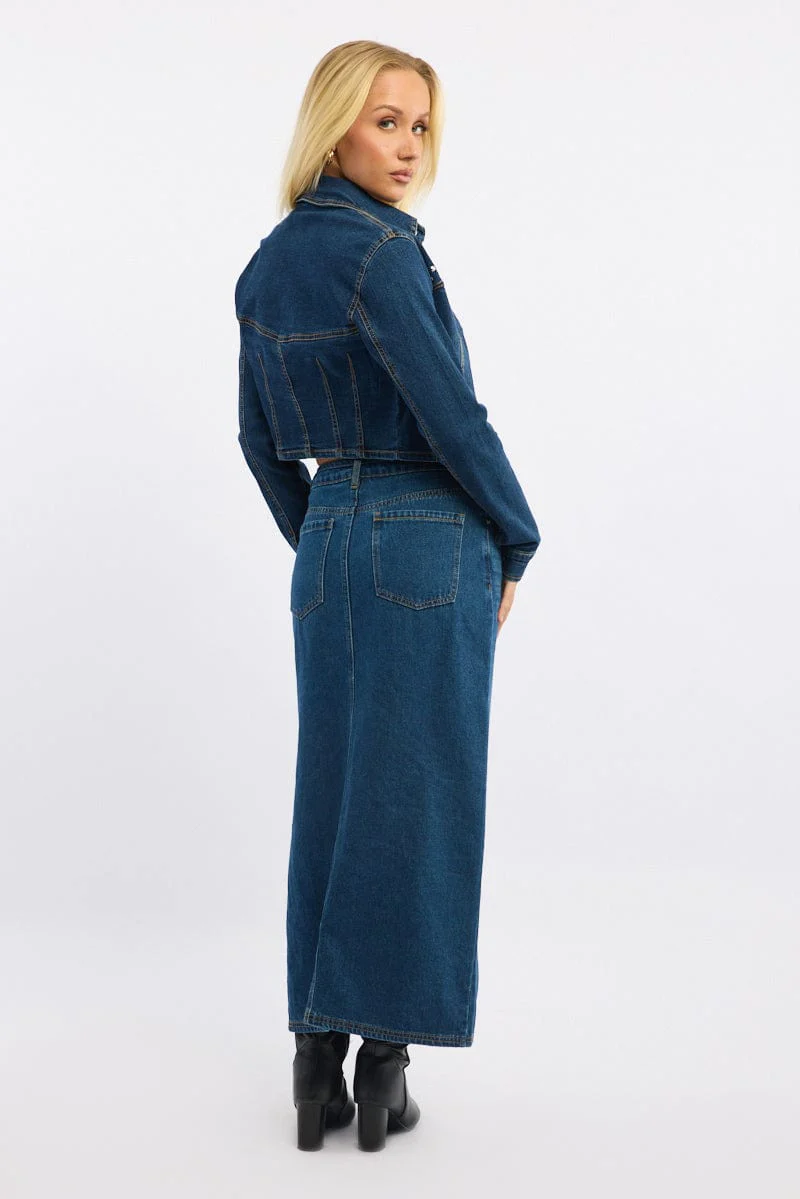 Denim Maxi Skirt Mid Rise Side Split - Image 5