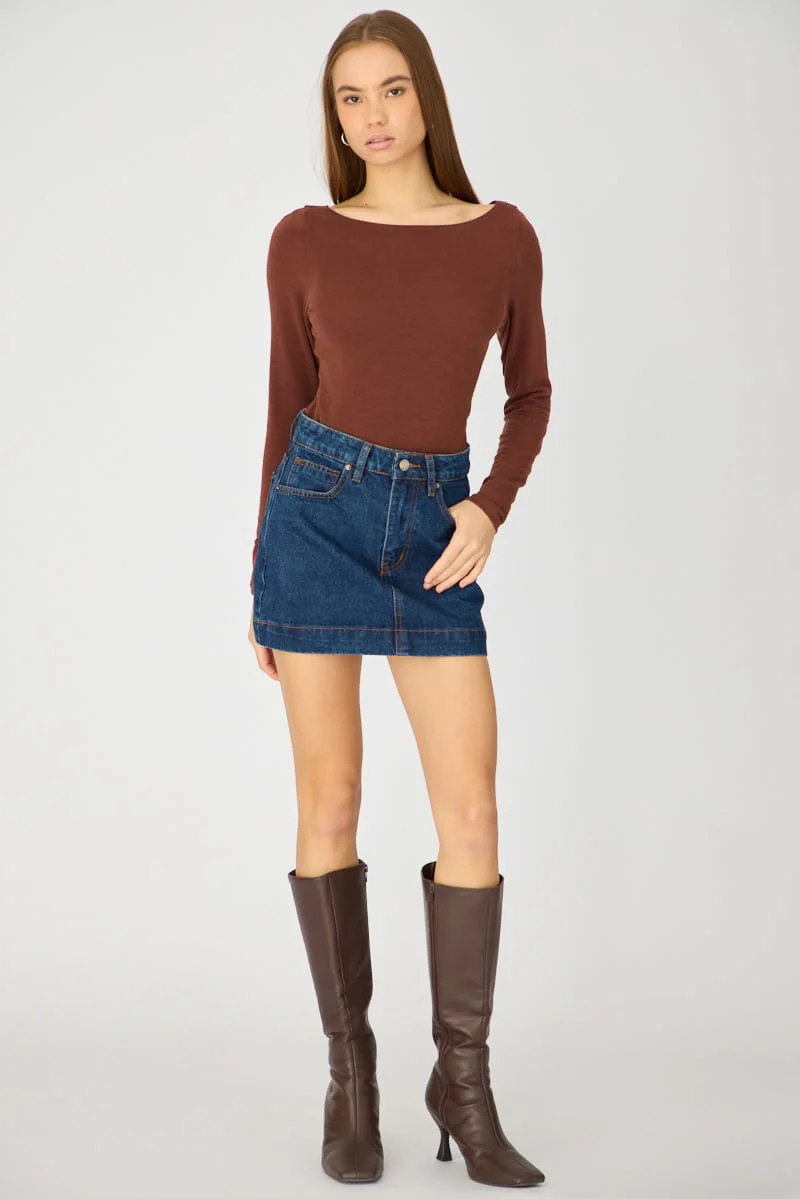 Denim Mini Skirt Mid Rise Longline - Image 4