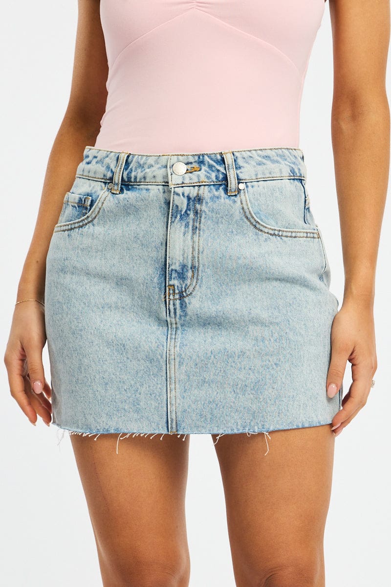 Denim Mini Skirt Mid Rise Raw Edge - Image 2