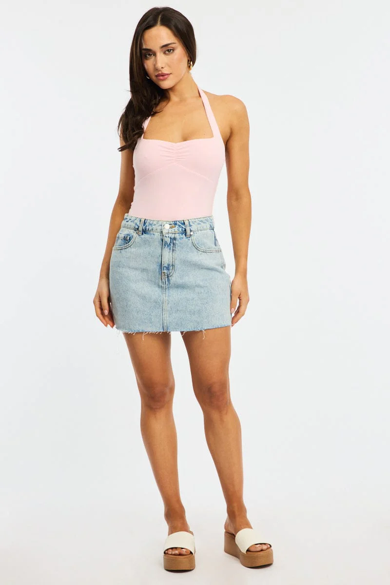 Denim Mini Skirt Mid Rise Raw Edge - Image 4