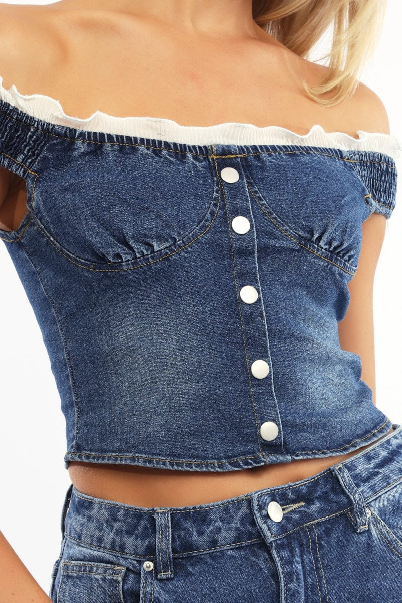 Denim Off Shoulder Top Shirred Back Button Details - Image 6