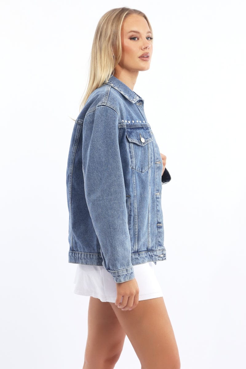 Denim Oversized Jacket With Studs - Image 4
