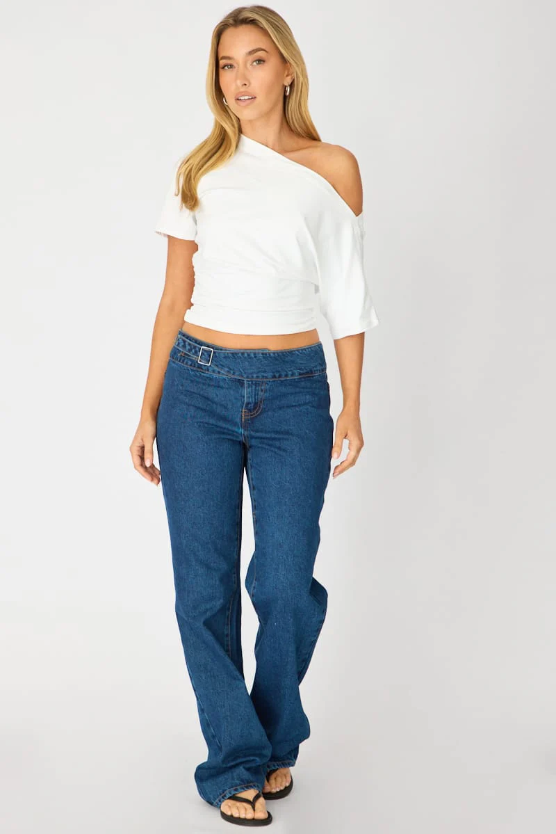 Denim Straight Jean Buckle Waist Detail Dark Wash
