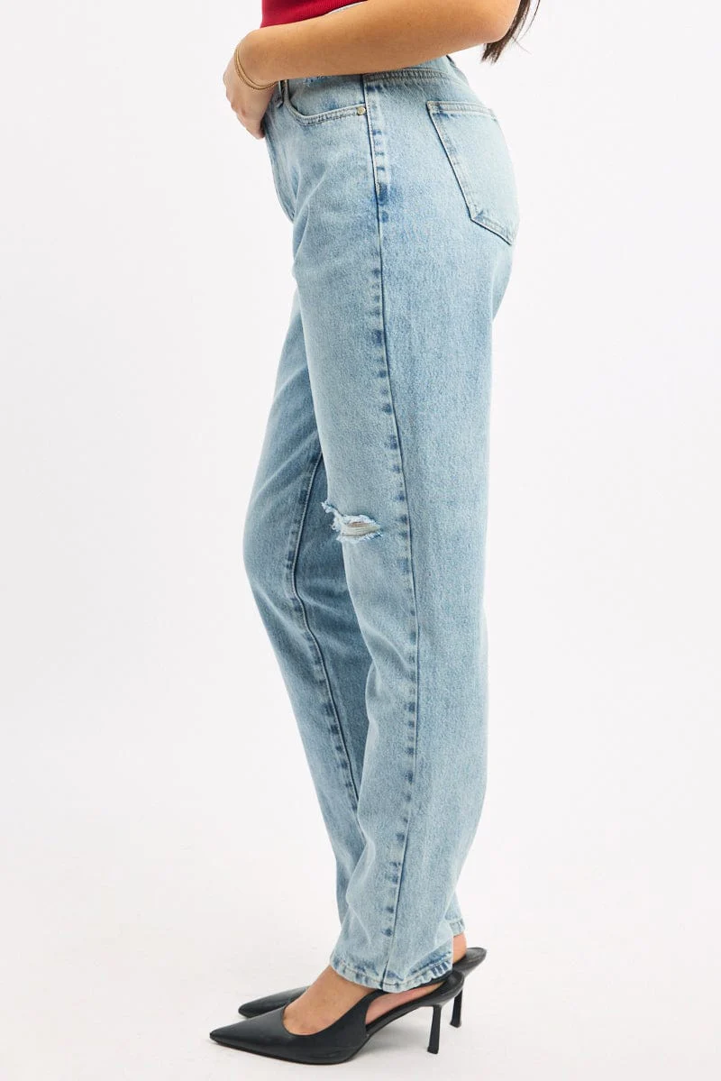 Denim Straight Jeans High Rise Knee Slit - Image 3