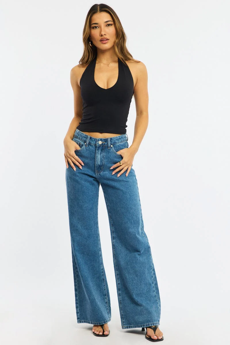 Denim Wide Leg Jeans Mid Rise