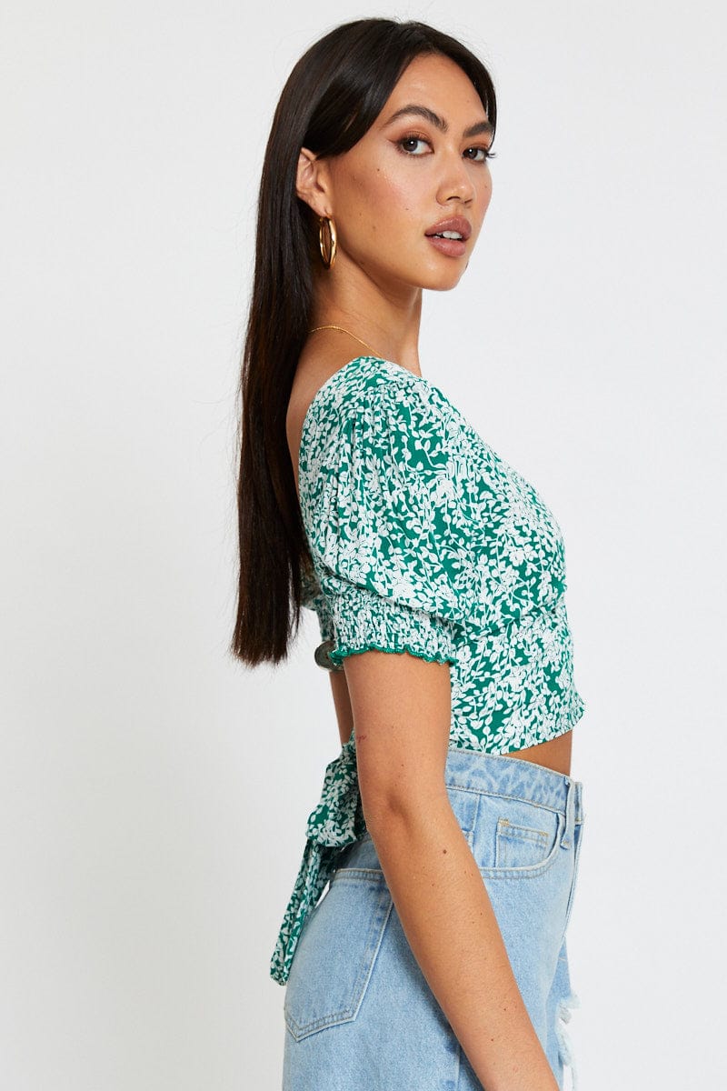 Ditsy Print Crop Top Short Sleeve Tie Up - Image 4