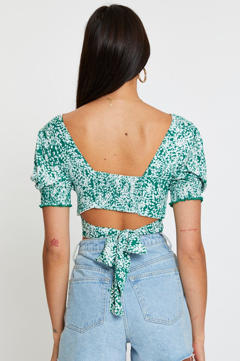 Ditsy Print Crop Top Short Sleeve Tie Up - Image 5