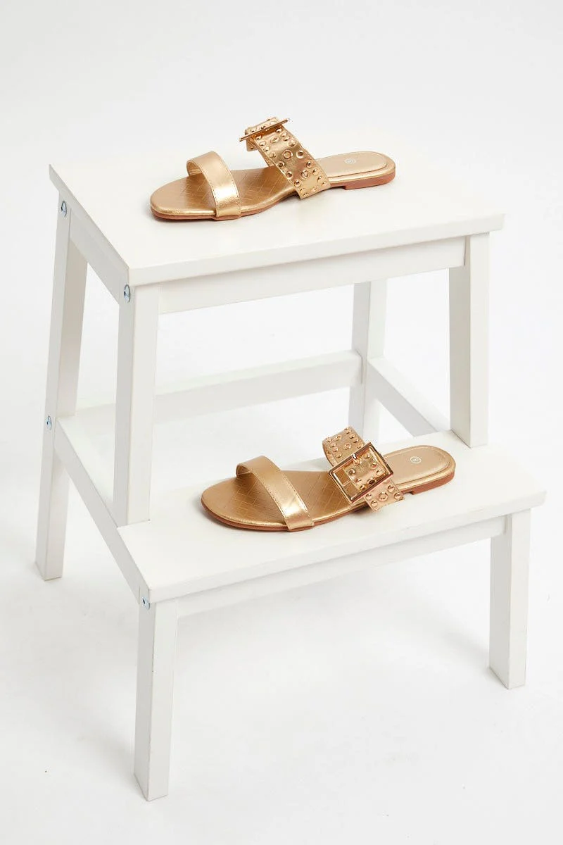 Gold Buckle Detail Flat Slides - Image 2