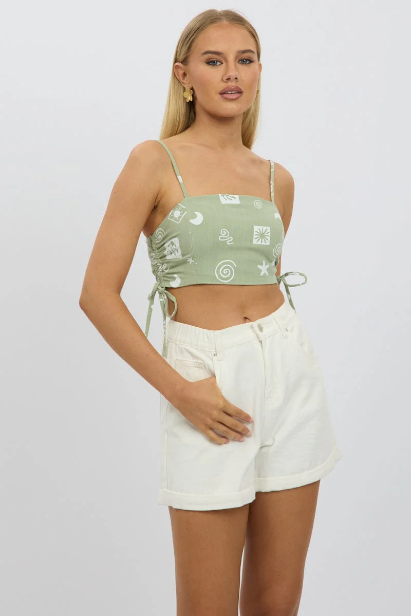 Green Abstract Crop Cami Top Side Ruched Linen Blend