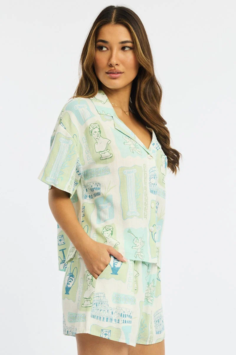 Green Abstract Cropped Shirt Short Sleeve Collared - Image 3