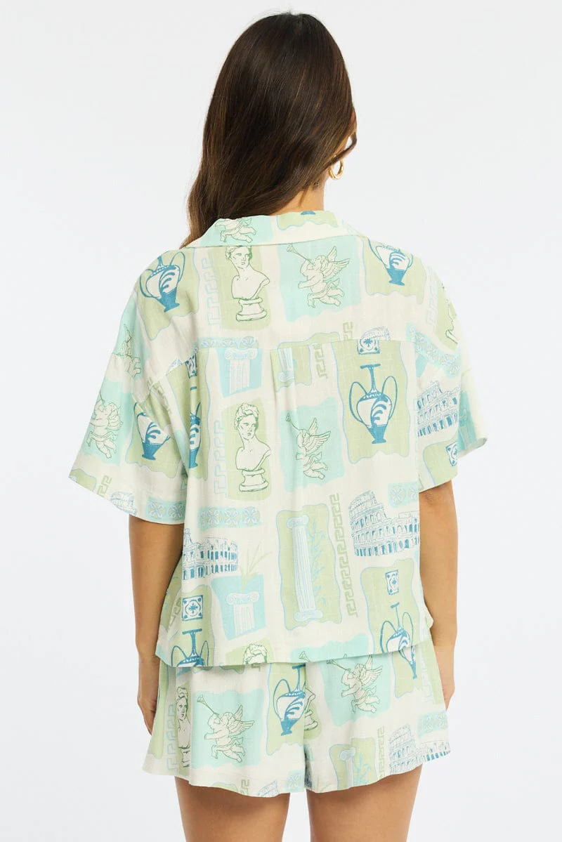 Green Abstract Cropped Shirt Short Sleeve Collared - Image 4