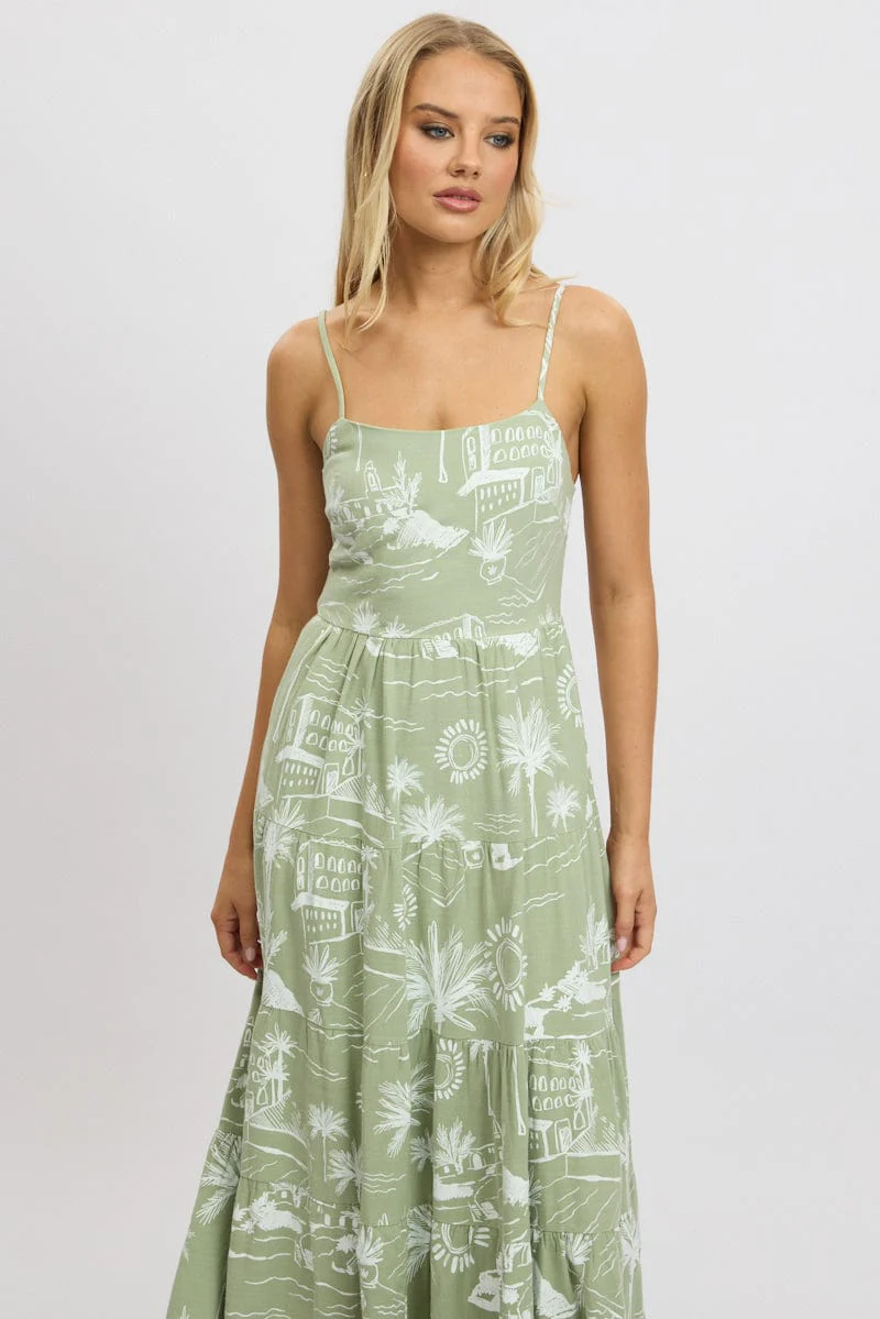 Green Abstract Maxi Dress Tiered Strappy - Image 2