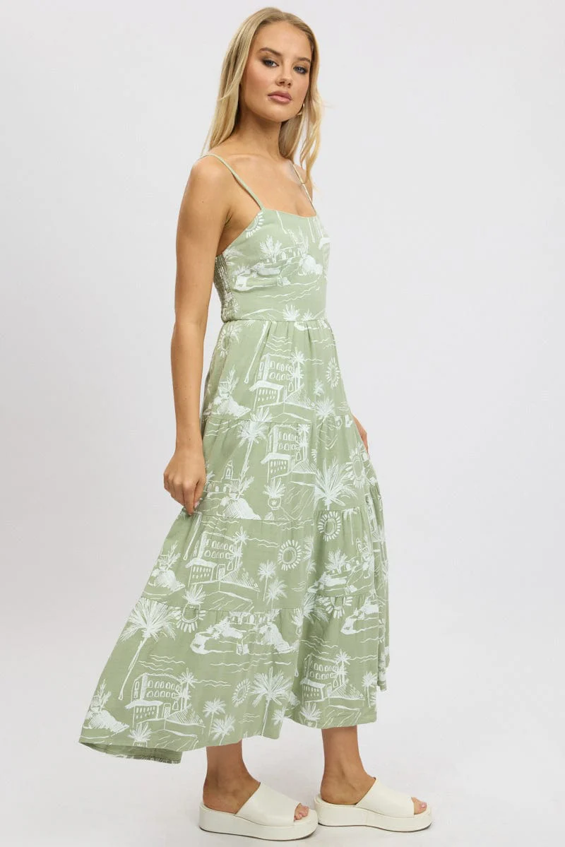 Green Abstract Maxi Dress Tiered Strappy - Image 4