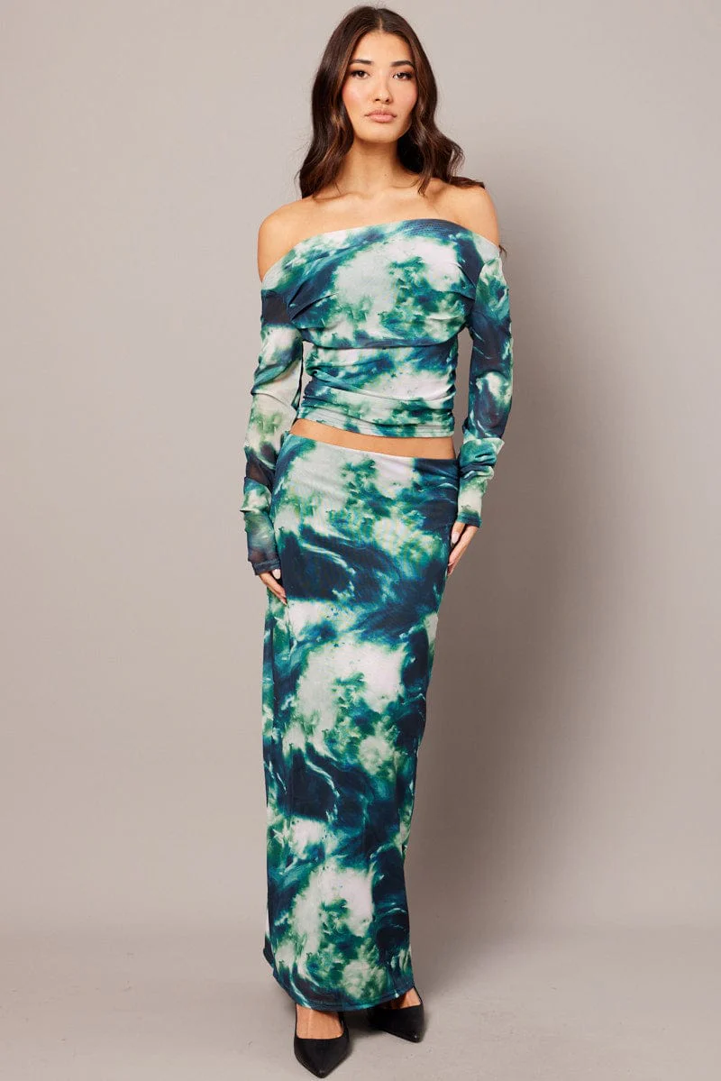 Green Abstract Mesh Top Long Sleeve - Image 2