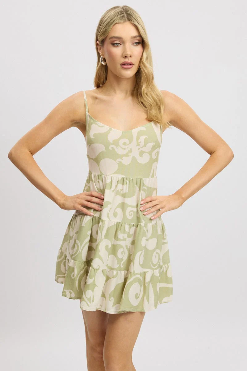 Green Abstract Mini Dress Tiered Strappy - Image 3