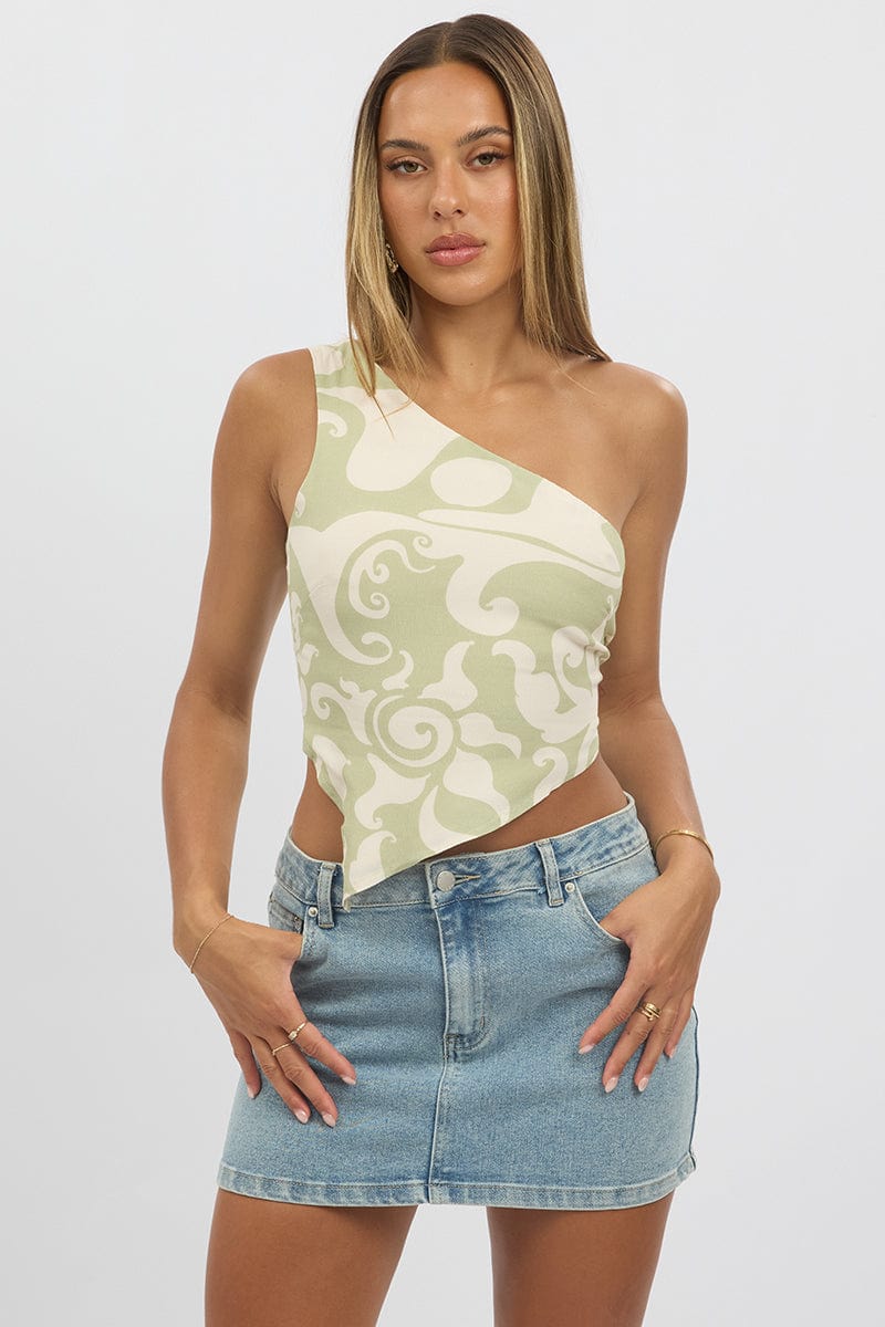 Green Abstract Scarf Top One Shoulder Tie Back - Image 3